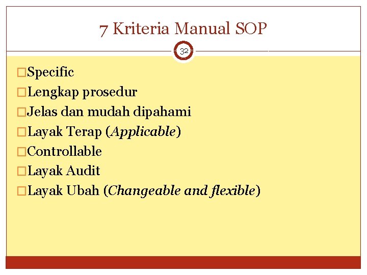 7 Kriteria Manual SOP 32 �Specific �Lengkap prosedur �Jelas dan mudah dipahami �Layak Terap