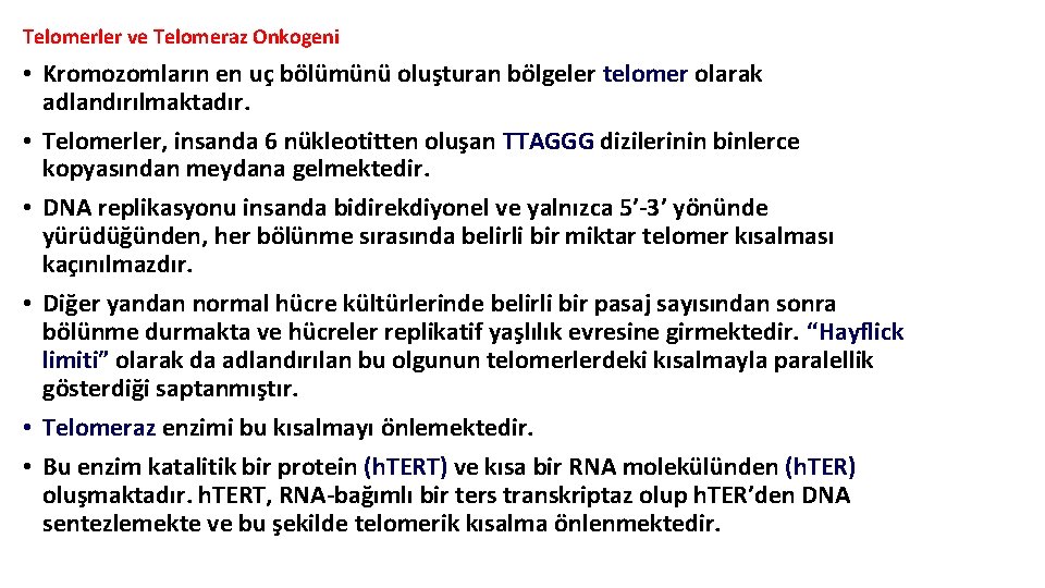 Telomerler ve Telomeraz Onkogeni • Kromozomların en uç bölümünü oluşturan bölgeler telomer olarak adlandırılmaktadır.