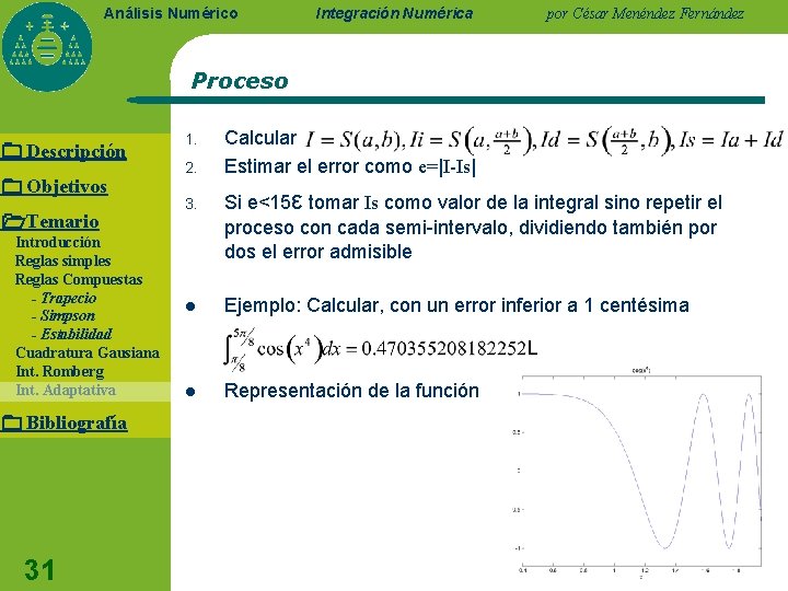 Análisis Numérico Integración Numérica por César Menéndez Fernández Proceso Descripción Objetivos Temario Introducción Reglas