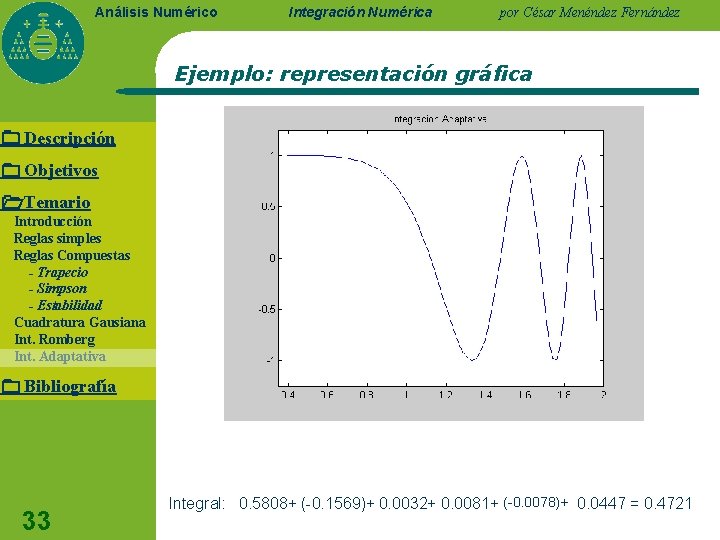 Análisis Numérico Integración Numérica por César Menéndez Fernández Ejemplo: representación gráfica Descripción Objetivos Temario