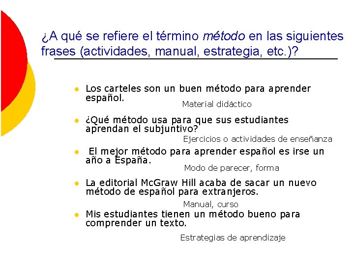 ¿A qué se refiere el término método en las siguientes frases (actividades, manual, estrategia,