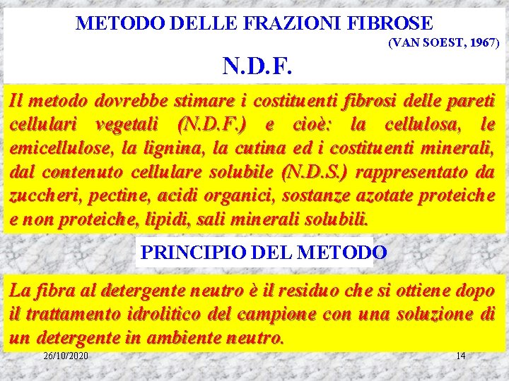 METODO DELLE FRAZIONI FIBROSE (VAN SOEST, 1967) N. D. F. Il metodo dovrebbe stimare