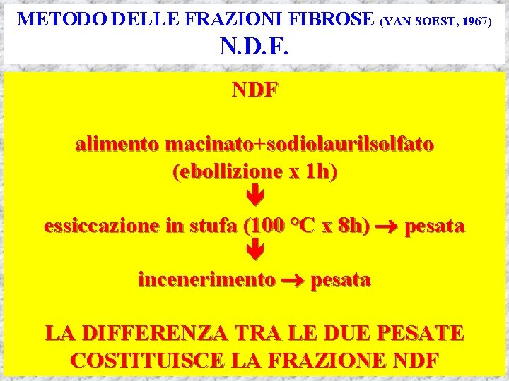 METODO DELLE FRAZIONI FIBROSE (VAN SOEST, 1967) N. D. F. NDF alimento macinato+sodiolaurilsolfato (ebollizione