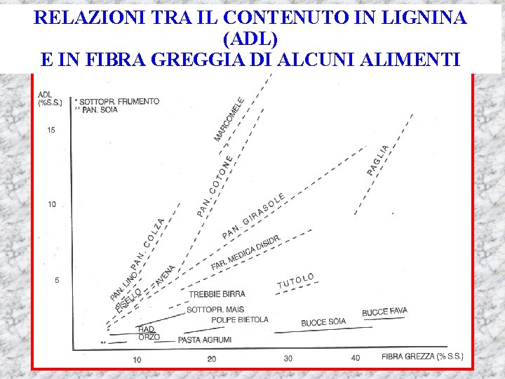 RELAZIONI TRA IL CONTENUTO IN LIGNINA (ADL) E IN FIBRA GREGGIA DI ALCUNI ALIMENTI