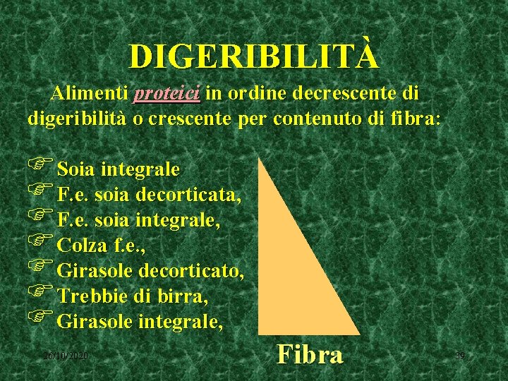 DIGERIBILITÀ Alimenti proteici in ordine decrescente di digeribilità o crescente per contenuto di fibra: