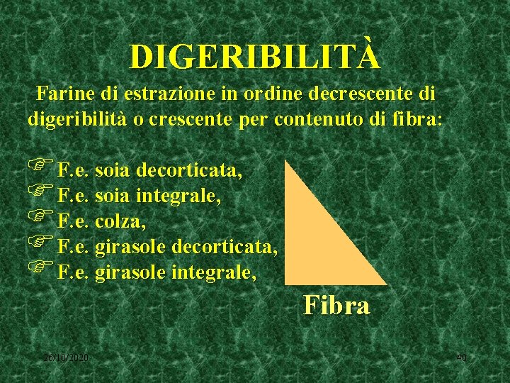 DIGERIBILITÀ Farine di estrazione in ordine decrescente di digeribilità o crescente per contenuto di