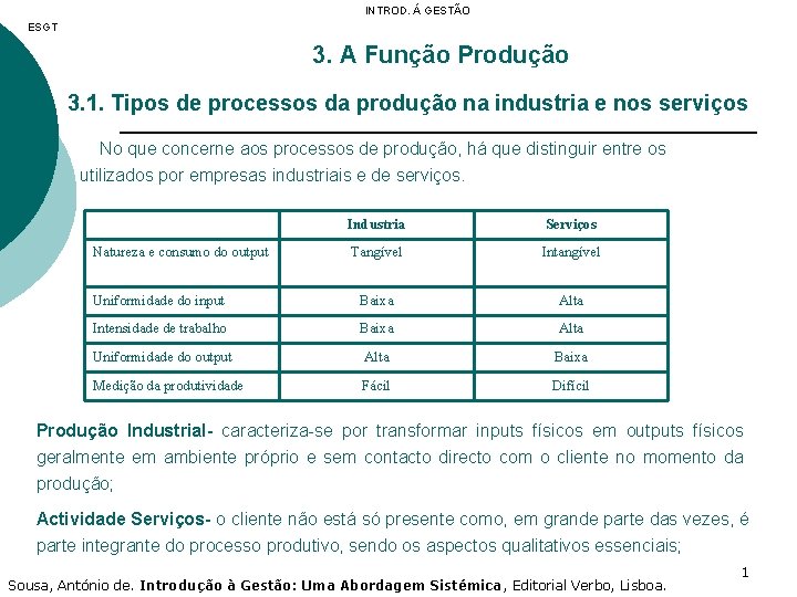 INTROD. Á GESTÃO ESGT 3. A Função Produção 3. 1. Tipos de processos da
