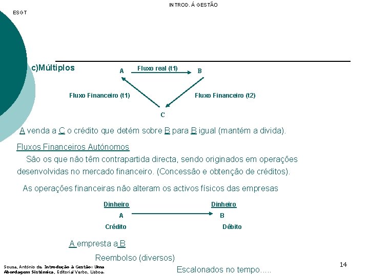 INTROD. Á GESTÃO ESGT c)Múltiplos A Fluxo real (t 1) Fluxo Financeiro (t 1)