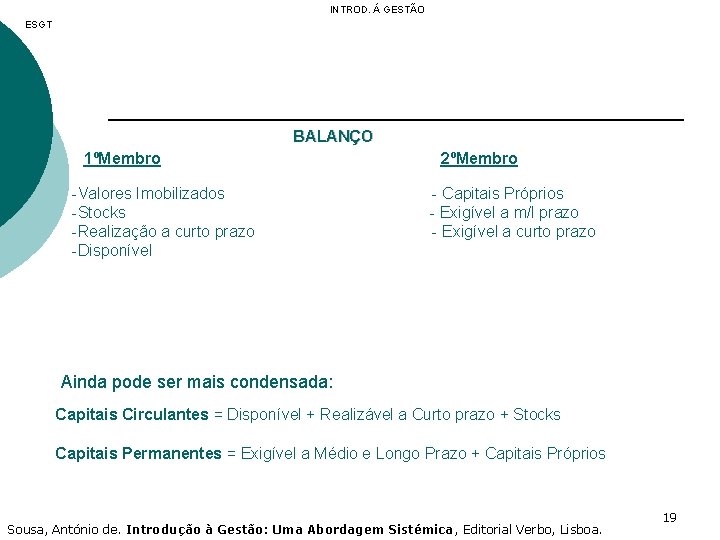 INTROD. Á GESTÃO ESGT BALANÇO 1ºMembro -Valores Imobilizados -Stocks -Realização a curto prazo -Disponível