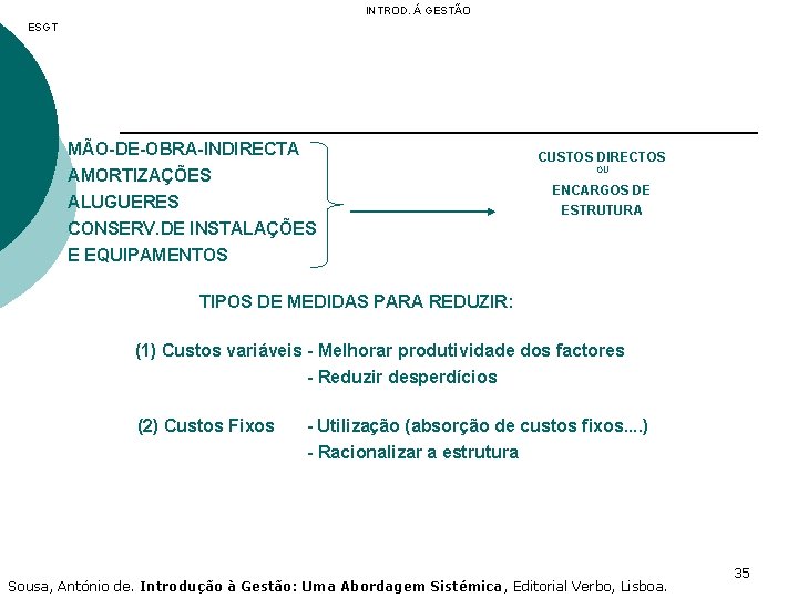 INTROD. Á GESTÃO ESGT MÃO-DE-OBRA-INDIRECTA AMORTIZAÇÕES CUSTOS DIRECTOS OU ALUGUERES CONSERV. DE INSTALAÇÕES E