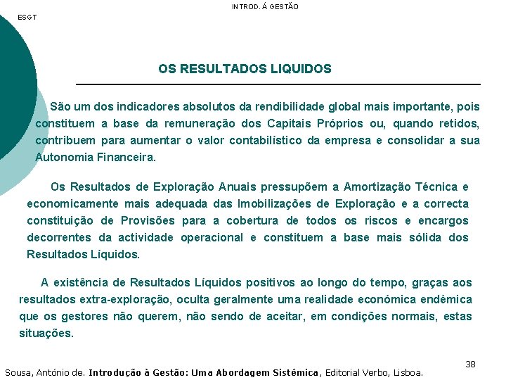 INTROD. Á GESTÃO ESGT OS RESULTADOS LIQUIDOS São um dos indicadores absolutos da rendibilidade