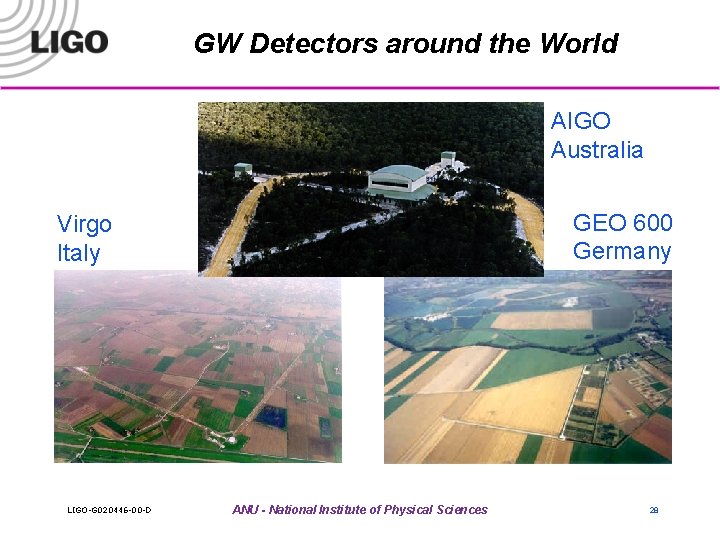 GW Detectors around the World AIGO Australia GEO 600 Germany Virgo Italy LIGO-G 020446