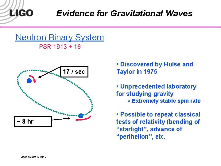 Evidence for Gravitational Waves Neutron Binary System PSR 1913 + 16 · 17 /