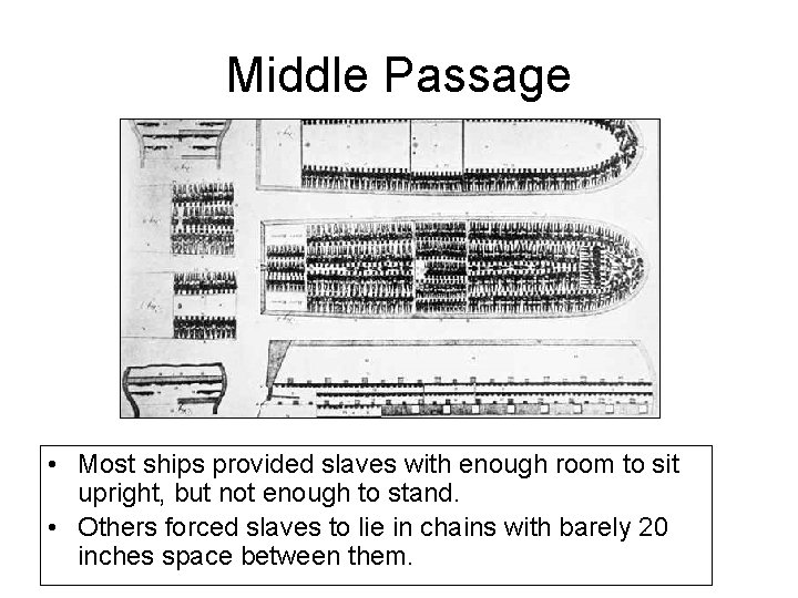 Middle Passage • Most ships provided slaves with enough room to sit upright, but