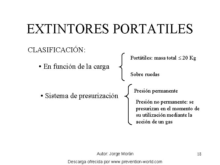 EXTINTORES PORTATILES CLASIFICACIÓN: Portátiles: masa total 20 Kg • En función de la carga