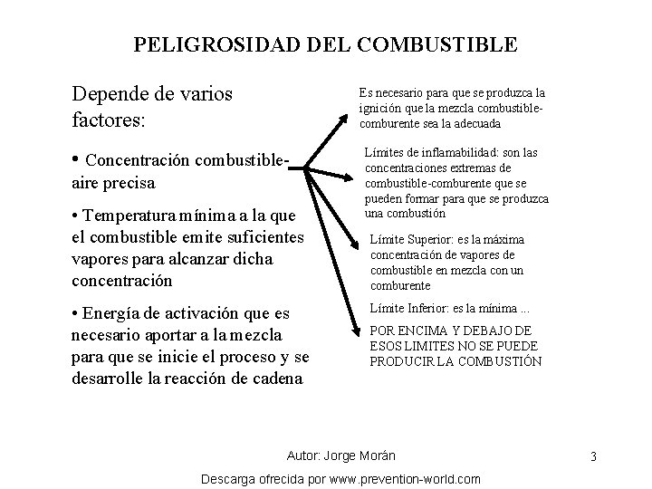 PELIGROSIDAD DEL COMBUSTIBLE Depende de varios factores: Es necesario para que se produzca la