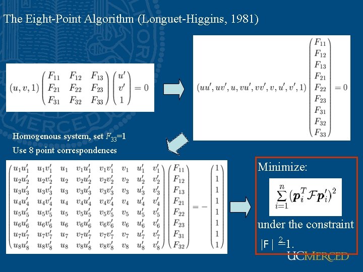 The Eight-Point Algorithm (Longuet-Higgins, 1981) Homogenous system, set F 33=1 Use 8 point correspondences