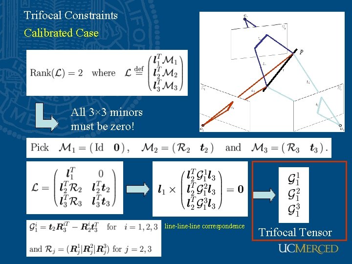 Trifocal Constraints Calibrated Case P All 3× 3 minors must be zero! line-line correspondence