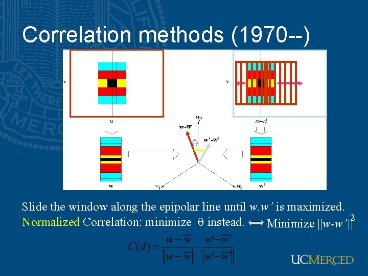 Correlation methods (1970 --) Slide the window along the epipolar line until w. w’