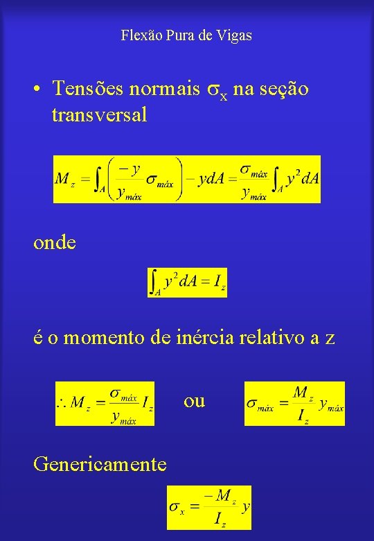 Flexão Pura de Vigas • Tensões normais x na seção transversal onde é o