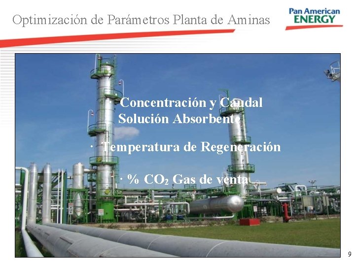 Optimización de Parámetros Planta de Aminas · Concentración y Caudal Solución Absorbente · Temperatura Optimización de Parámetros Planta de Aminas · Concentración y Caudal Solución Absorbente · Temperatura
