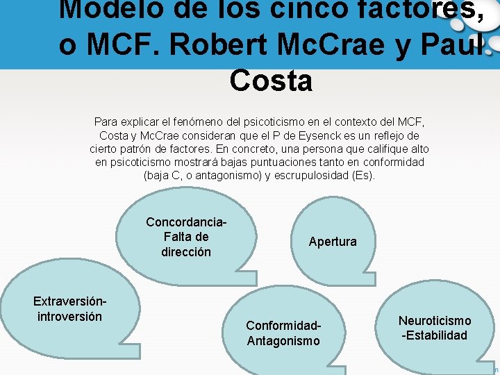 Modelo de los cinco factores, o MCF. Robert Mc. Crae y Paul Costa Para