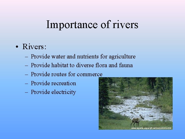 Importance of rivers • Rivers: – – – Provide water and nutrients for agriculture