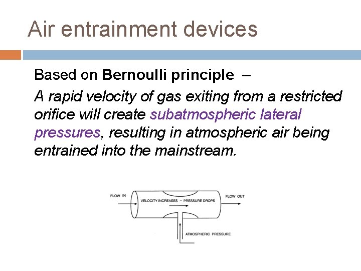 Air entrainment devices Based on Bernoulli principle – A rapid velocity of gas exiting