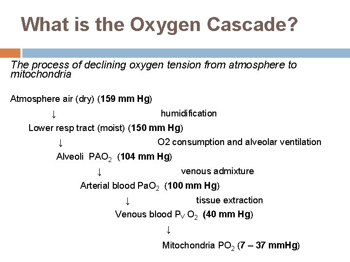 What is the Oxygen Cascade? The process of declining oxygen tension from atmosphere to