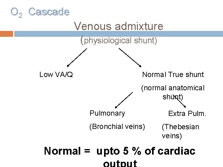 O 2 Cascade Venous admixture (physiological shunt) Low VA/Q Normal True shunt (normal anatomical