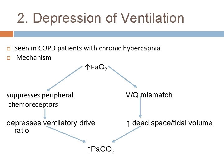 2. Depression of Ventilation Seen in COPD patients with chronic hypercapnia Mechanism ↑Pa. O