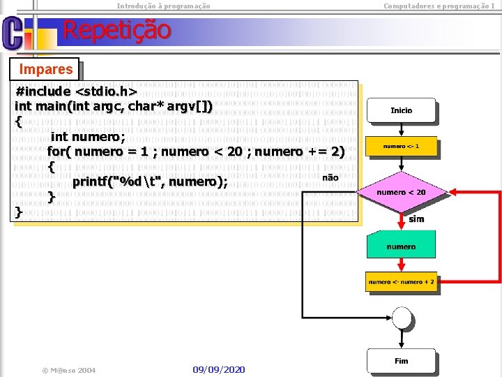  Introdução à programação Repetição Impares #include <stdio. h> int main(int argc, char* argv[])