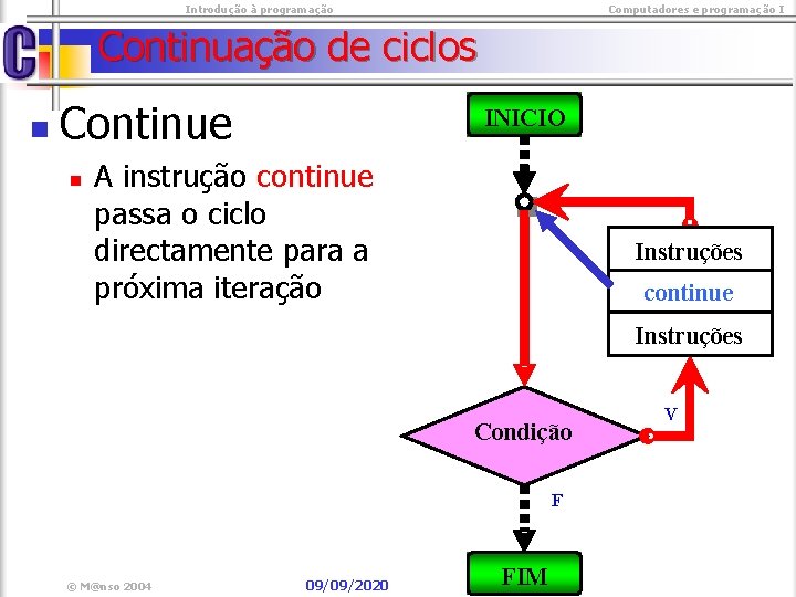  Introdução à programação Computadores e programação I Continuação de ciclos n Continue n