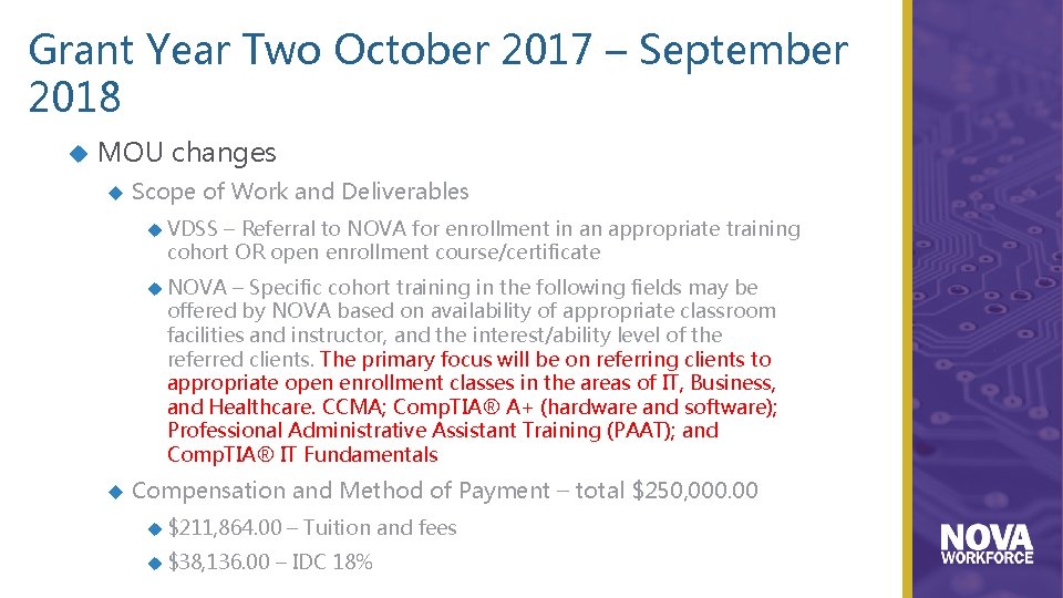 Grant Year Two October 2017 – September 2018 MOU changes Scope of Work and