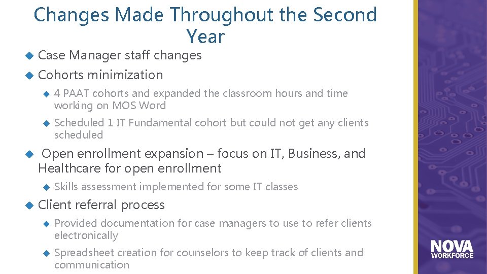 Changes Made Throughout the Second Year Case Manager staff changes Cohorts minimization 4 PAAT