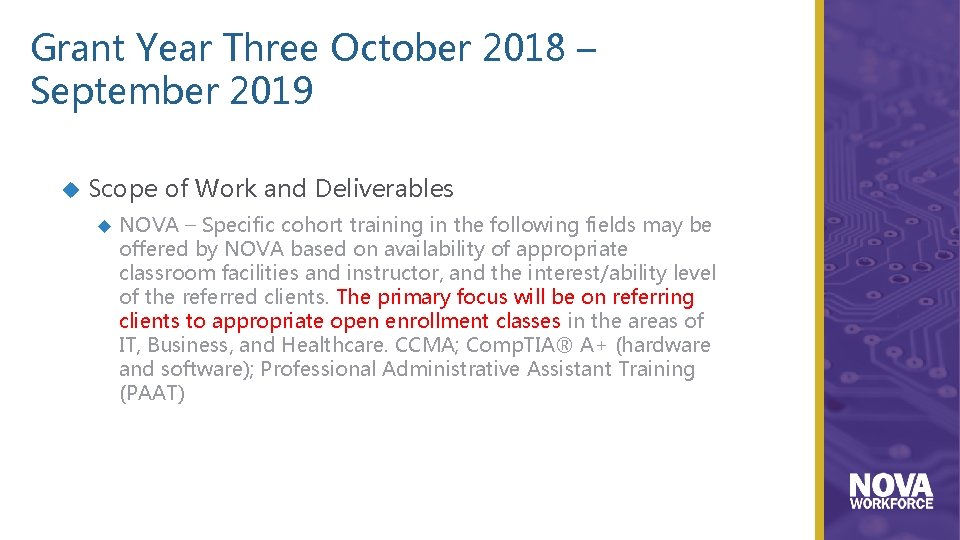 Grant Year Three October 2018 – September 2019 Scope of Work and Deliverables NOVA