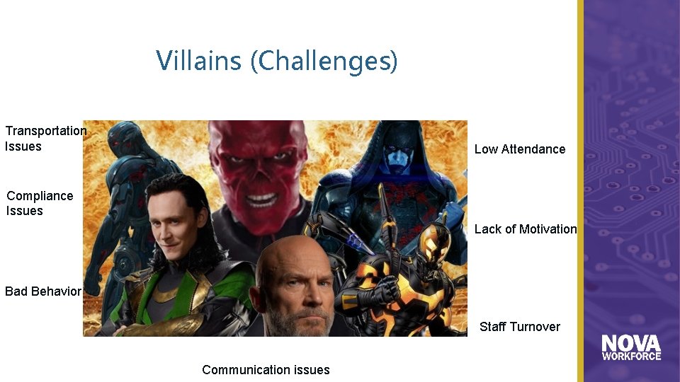 Villains (Challenges) Transportation Issues Low Attendance Compliance Issues Lack of Motivation Bad Behavior Staff