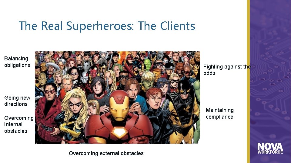 The Real Superheroes: The Clients Balancing obligations Fighting against the odds Going new directions