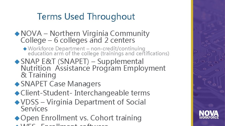 Terms Used Throughout NOVA – Northern Virginia Community College – 6 colleges and 2