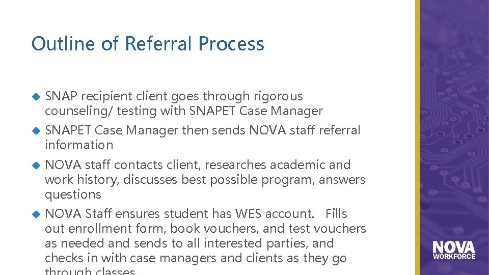 Outline of Referral Process SNAP recipient client goes through rigorous counseling/ testing with SNAPET