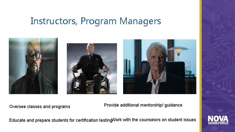 Instructors, Program Managers Oversee classes and programs Provide additional mentorship/ guidance Educate and prepare