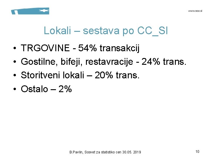 Lokali – sestava po CC_SI • • TRGOVINE - 54% transakcij Gostilne, bifeji, restavracije