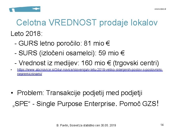 Celotna VREDNOST prodaje lokalov Leto 2018: - GURS letno poročilo: 81 mio € -