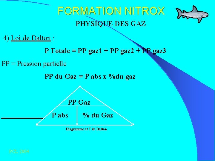 FORMATION NITROX PHYSIQUE DES GAZ 4) Loi de Dalton : P Totale = PP