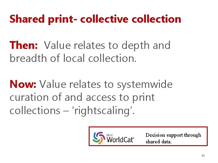 Shared print- collective collection Then: Value relates to depth and breadth of local collection.