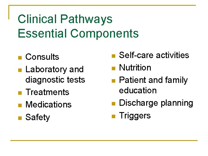 Clinical Pathways Essential Components n n n Consults Laboratory and diagnostic tests Treatments Medications