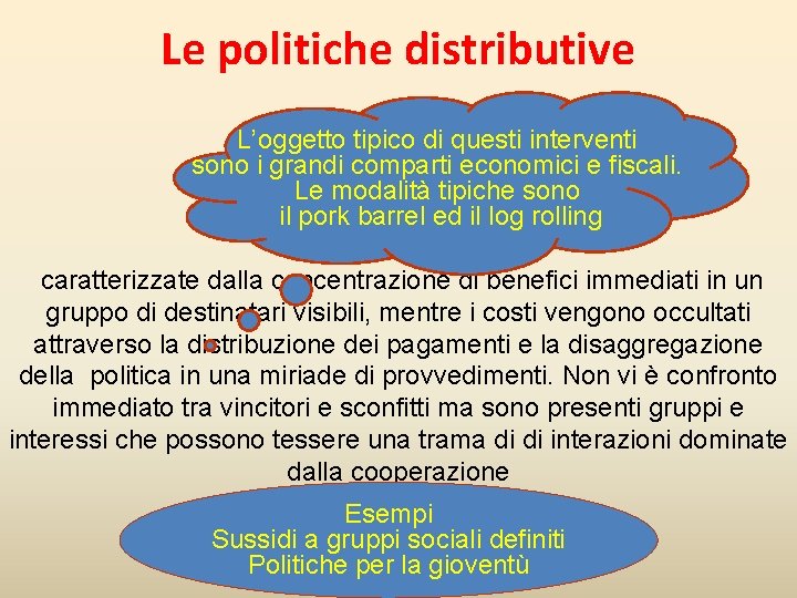 Le politiche distributive L’oggetto tipico di questi interventi sono i grandi comparti economici e