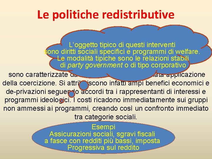 Le politiche redistributive L’oggetto tipico di questi interventi sono diritti sociali specifici e programmi
