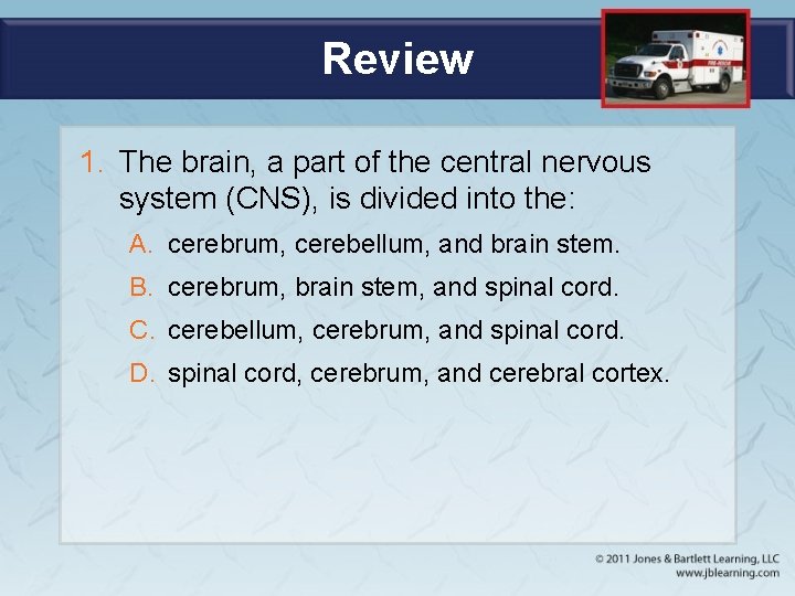 Review 1. The brain, a part of the central nervous system (CNS), is divided