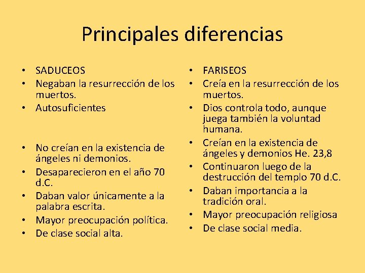 Principales diferencias • SADUCEOS • Negaban la resurrección de los muertos. • Autosuficientes • Principales diferencias • SADUCEOS • Negaban la resurrección de los muertos. • Autosuficientes •